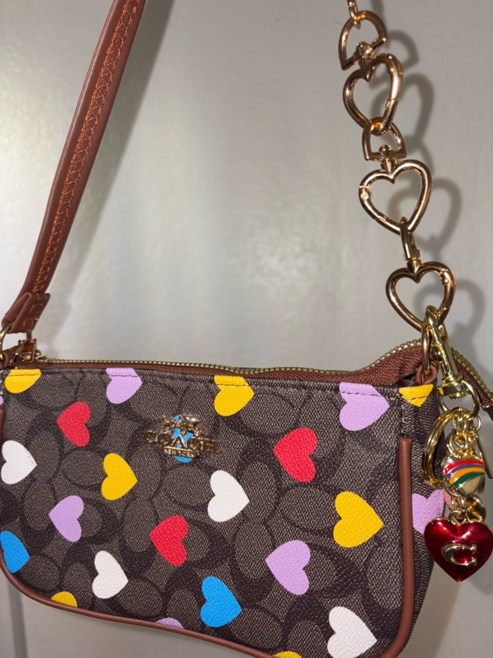 Coach Brown Mini Shoulder Bag with Multicolor Hearts